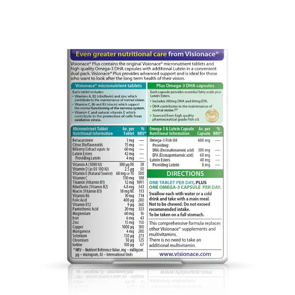 Visionace supplement package with nutritional information on a white background