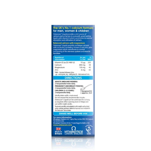 Osteocare Liquid back label showing dosage, ingredients, nutrition info, and directions.