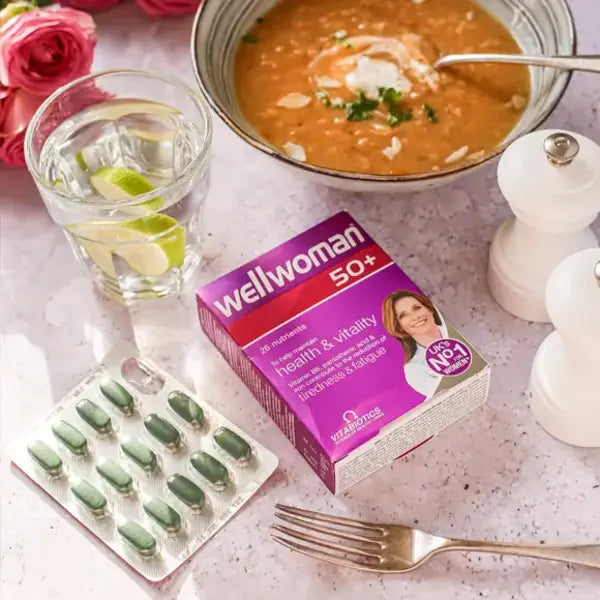 Wellwoman 50+ 30 tablets with 26 nutrients to support health, vitality, and reduce tiredness.