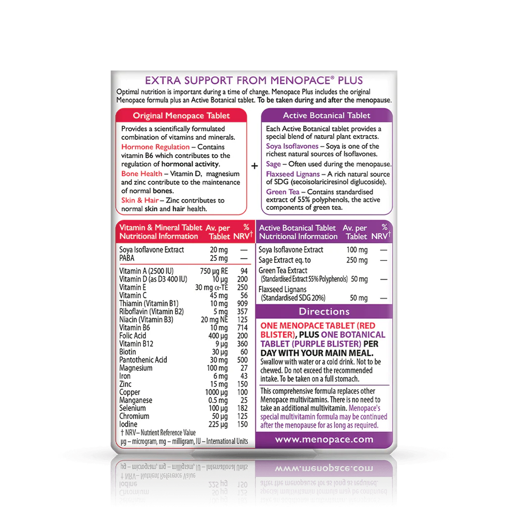 Menopace Plus 56 tablets, with soya isoflavones and green tea, supporting menopause health.
