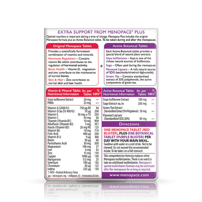 Menopace Plus 56 tablets, with soya isoflavones and green tea, supporting menopause health.