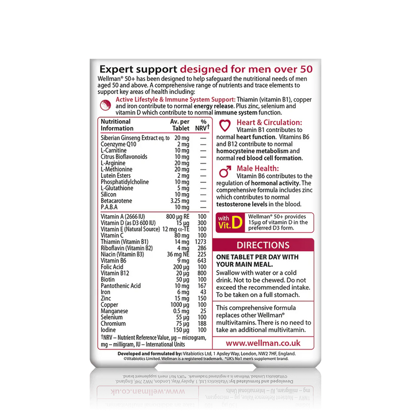 Vitabiotics Wellman 50+ 30 tablets back view, showing detailed ingredients and nutritional information, designed to support health and vitality for men over 50.