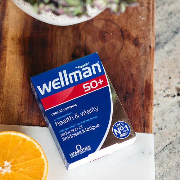Vitabiotics Wellman 50+ multivitamin pack, featuring 30 tablets designed to promote energy, immune support, heart health, and overall wellness for men over 50.