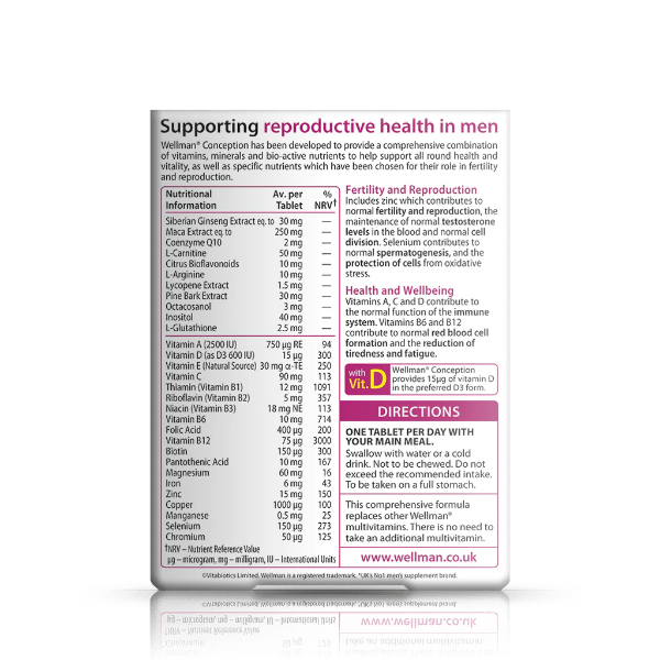 Wellman Conception 30 tablets back view, with details on nutrients for fertility support and overall reproductive health.