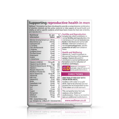 Wellman Conception 30 tablets back view, with details on nutrients for fertility support and overall reproductive health.