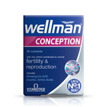 Wellman Conception 30 tablets for men, supporting fertility and reproduction with zinc, ginseng, and amino acids.