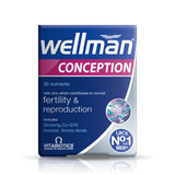 Wellman Conception 30 tablets for men, supporting fertility and reproduction with zinc, ginseng, and amino acids.