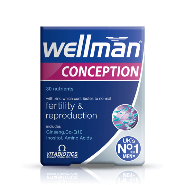 Wellman Conception 30 tablets for men, supporting fertility and reproduction with zinc, ginseng, and amino acids.