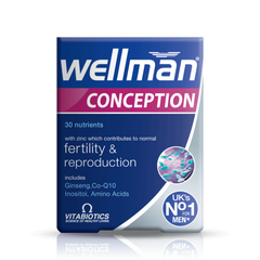 Wellman Conception 30 tablets for men, supporting fertility and reproduction with zinc, ginseng, and amino acids.