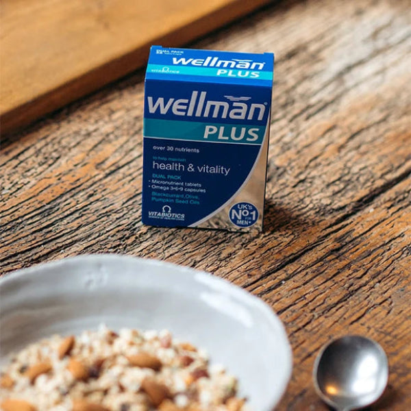 Wellman Plus Omega 3-6-9 56 tablets with Omega oils, dosage, and health benefits for men.