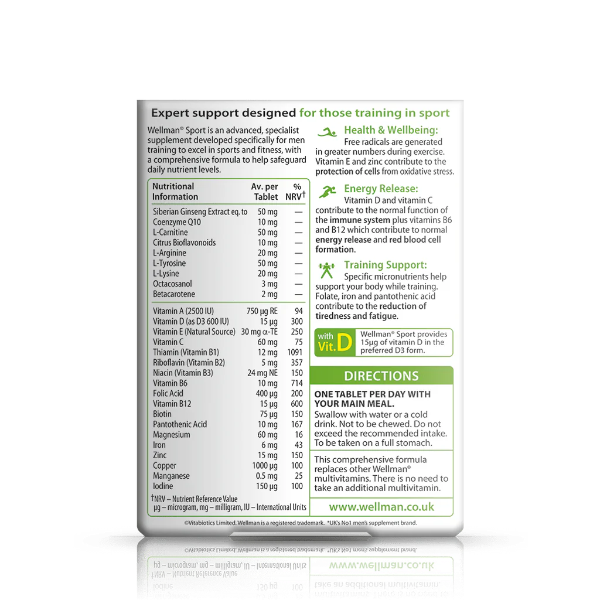 Wellman Sport supplement back view with details on dosage, ingredients, and usage instructions.