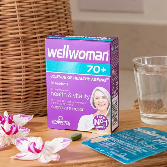 Wellwoman 70+ 30 tablets for women over 70, with iron, zinc, iodine, and 26 nutrients for health and vitality.