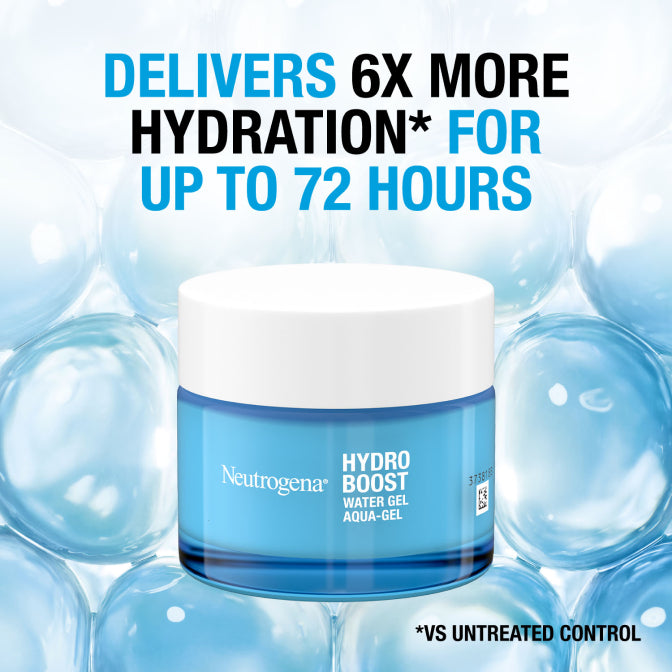 Neutrogena Hydro Boost water gel jar with hydration text on a water bubble background