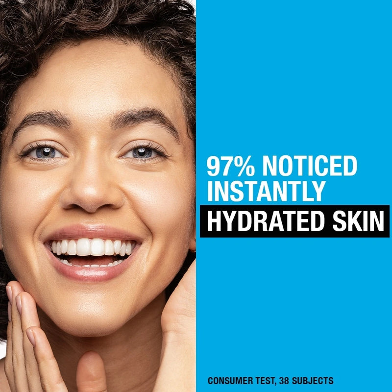 Advertisement for skincare product showing a woman's face with text about instant hydration.