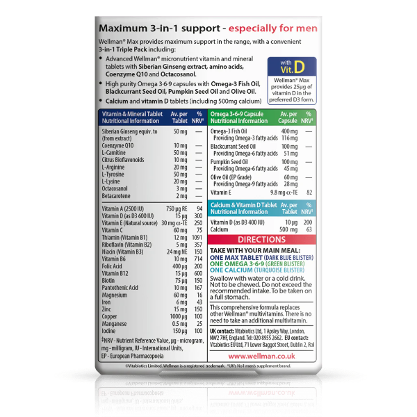 Vitabiotics Wellman Max 84 capsules back view with dosage, ingredients, and usage instructions.
