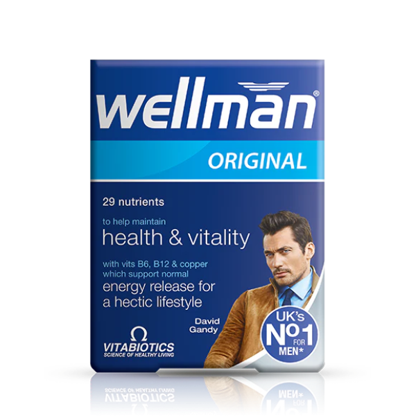 Wellman Vitabiotics Original supplement bottle front view for men's health and vitality.