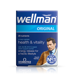 Wellman Vitabiotics Original supplement bottle front view for men's health and vitality.