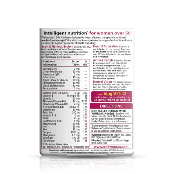 Wellwoman 50+ back view showing nutritional info for brain, heart, and immune health support.