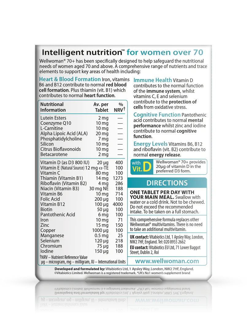 Wellwoman 70+ back view showing nutritional information, supporting heart health, immune system, and energy release.