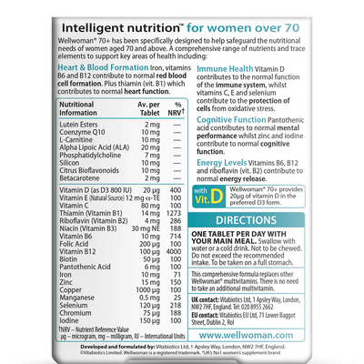 Wellwoman 70+ back view showing nutritional information, supporting heart health, immune system, and energy release.