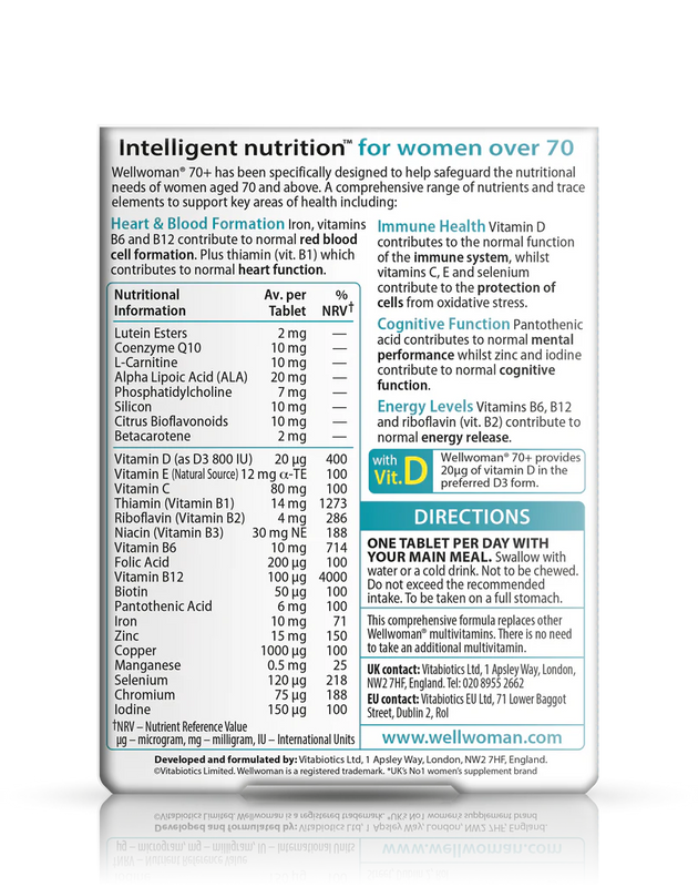 Wellwoman 70+ back view showing nutritional information, supporting heart health, immune system, and energy release.