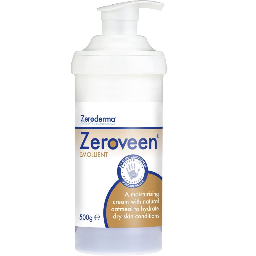 Zeroveen emollient cream 500g bottle with pump on a white background